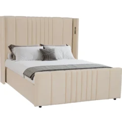 Lit complet avec sommier relevable prises USB et lumières intégrées Line 140x190cm Velours Beige
