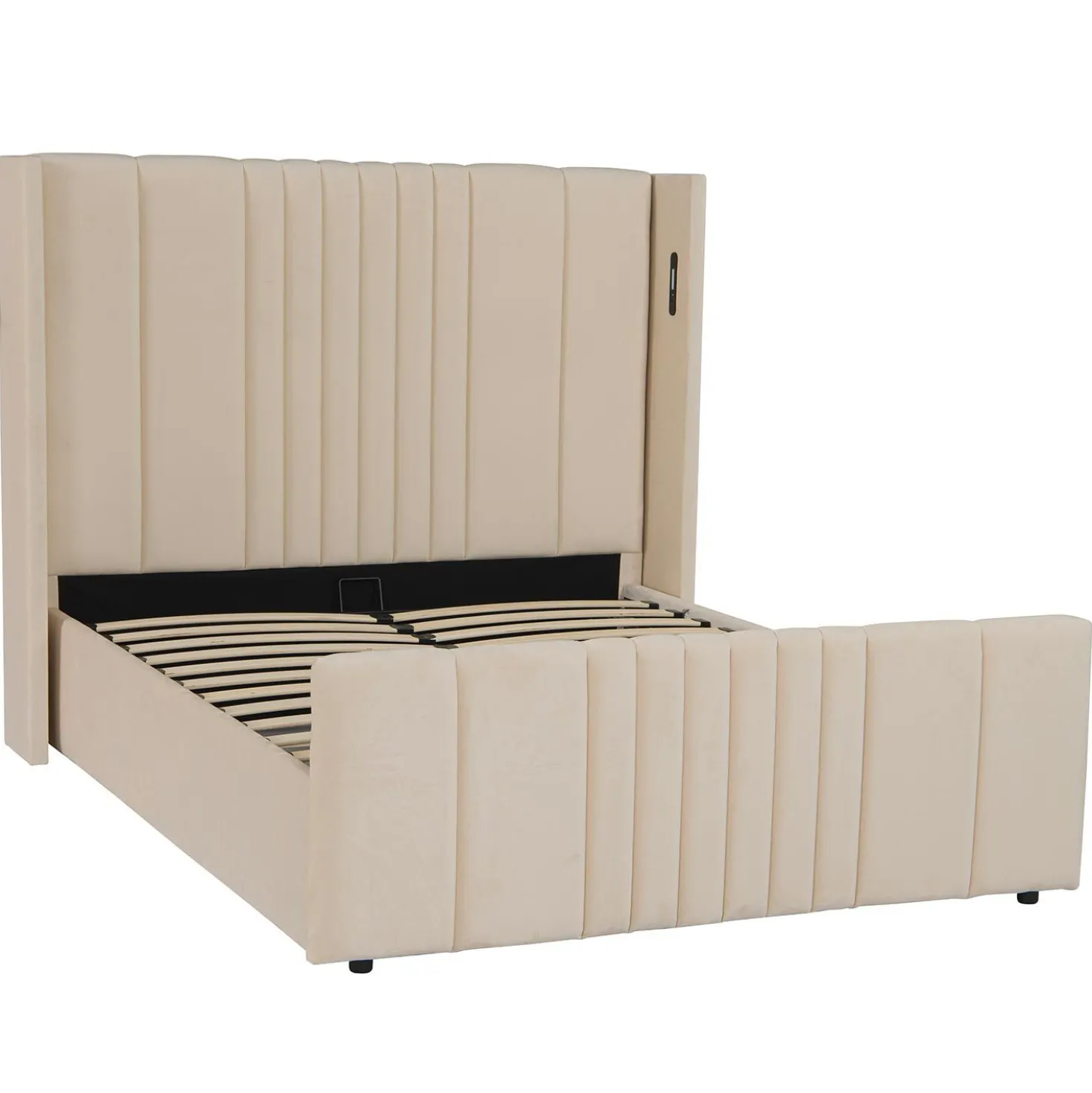 Lit complet avec sommier relevable prises USB et lumières intégrées Line 140x190cm Velours Beige