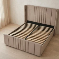 Lit complet avec sommier relevable prises USB et lumières intégrées Line 140x190cm Velours Taupe