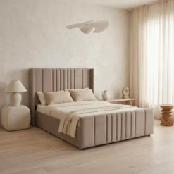 Lit complet avec sommier relevable prises USB et lumières intégrées Line 140x190cm Velours Taupe
