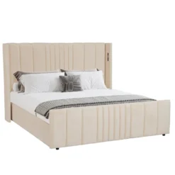 Lit complet avec sommier relevable prises USB et lumières intégrées Line 180x200cm Velours Beige
