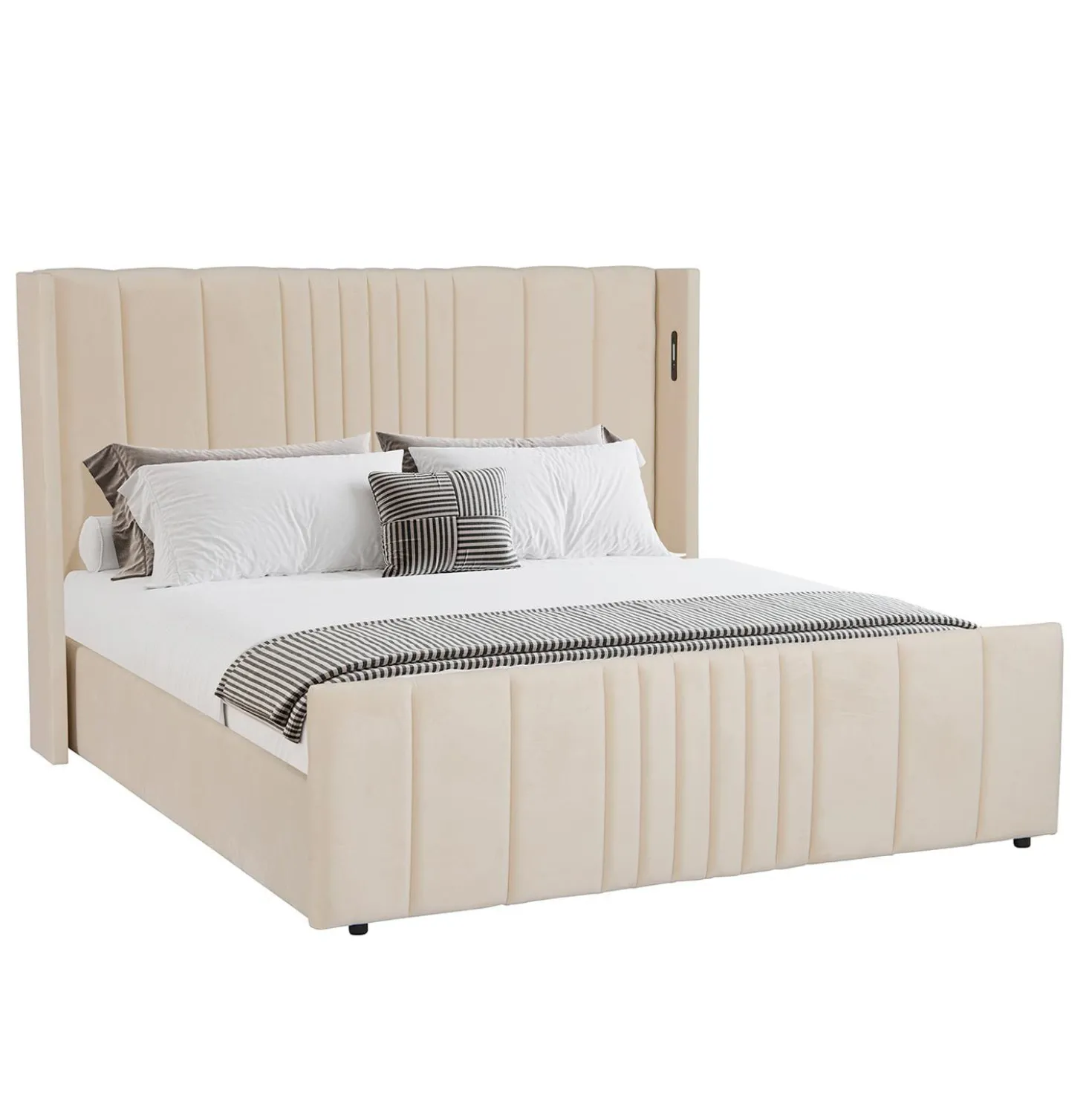 Lit complet avec sommier relevable prises USB et lumières intégrées Line 180x200cm Velours Beige
