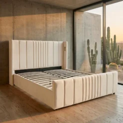 Lit complet avec sommier relevable prises USB et lumières intégrées Line 180x200cm Velours Beige