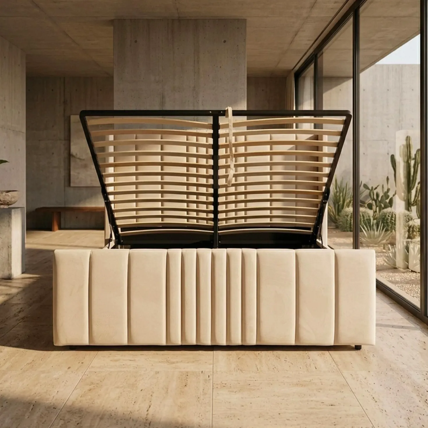 Lit complet avec sommier relevable prises USB et lumières intégrées Line 180x200cm Velours Beige