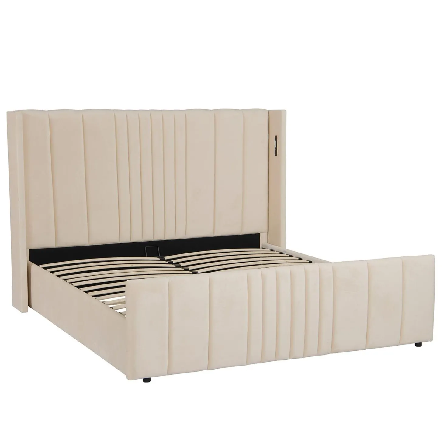 Lit complet avec sommier relevable prises USB et lumières intégrées Line 180x200cm Velours Beige