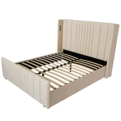 Lit complet avec sommier relevable prises USB et lumières intégrées Line 160x200cm Velours Beige