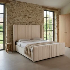 Lit complet avec sommier relevable prises USB et lumières intégrées Line 160x200cm Velours Beige