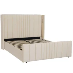 Lit complet avec sommier relevable prises USB et lumières intégrées Line 160x200cm Velours Beige