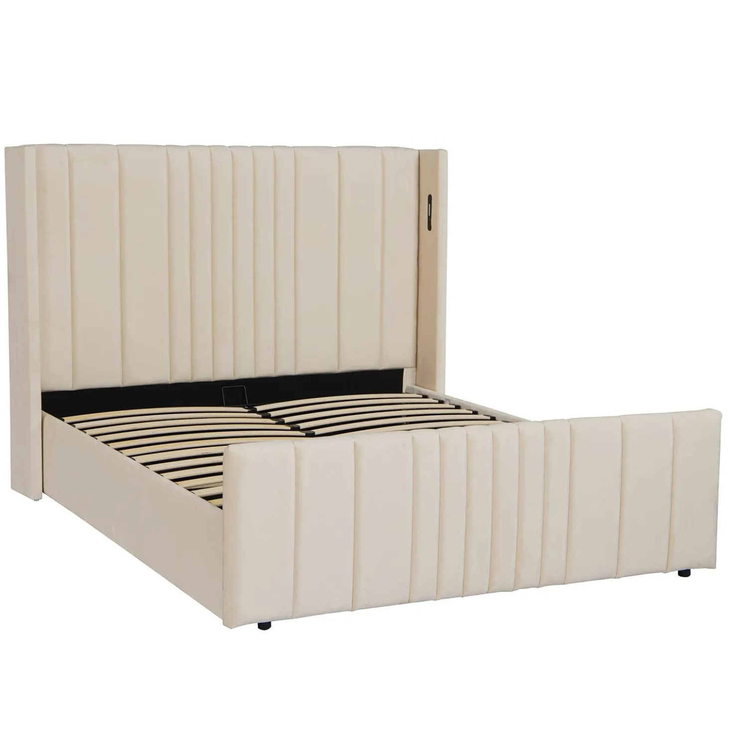 Lit complet avec sommier relevable prises USB et lumières intégrées Line 160x200cm Velours Beige