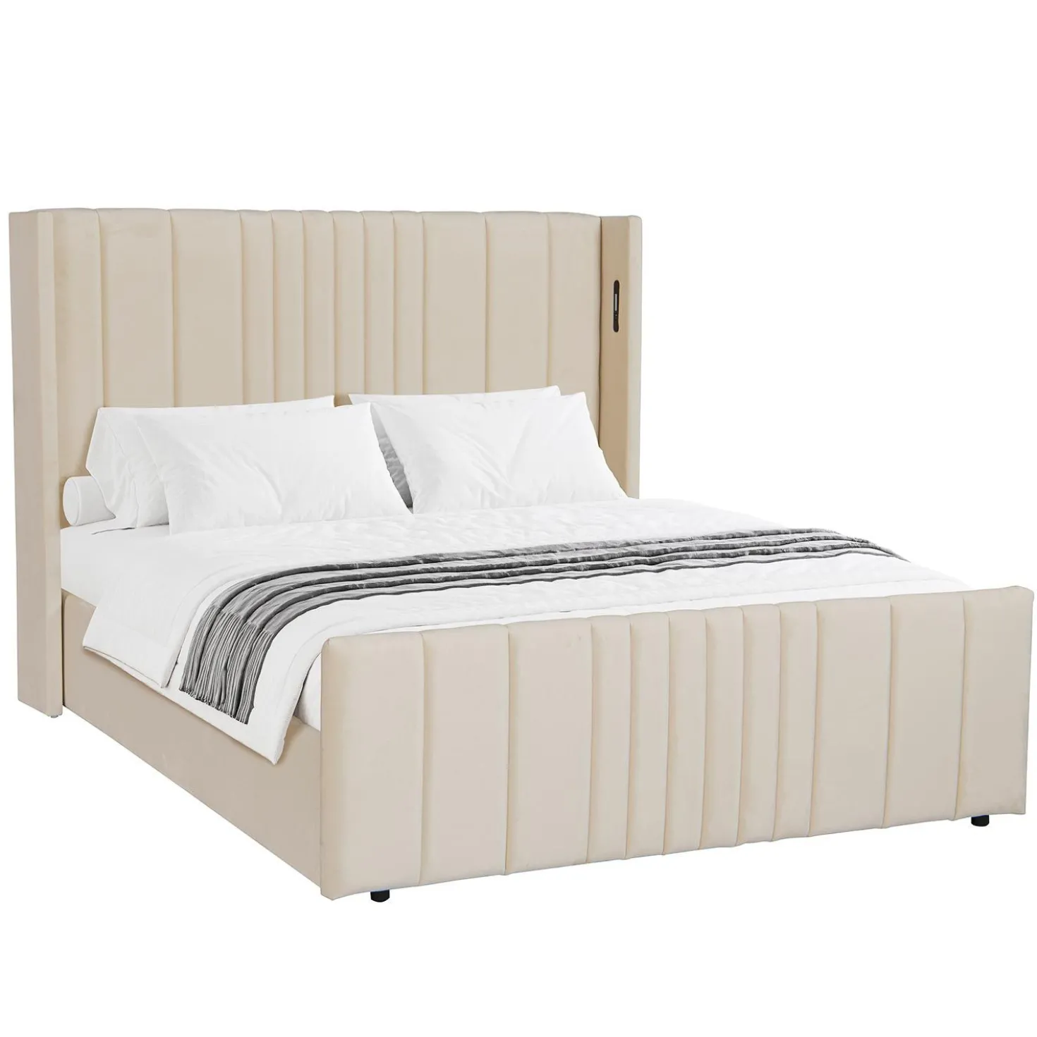 Lit complet avec sommier relevable prises USB et lumières intégrées Line 160x200cm Velours Beige