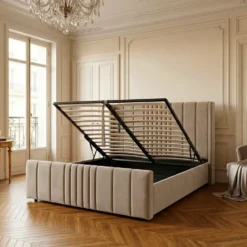 Lit complet avec sommier relevable prises USB et lumières intégrées Line 180x200cm Velours Taupe