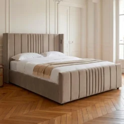 Lit complet avec sommier relevable prises USB et lumières intégrées Line 180x200cm Velours Taupe