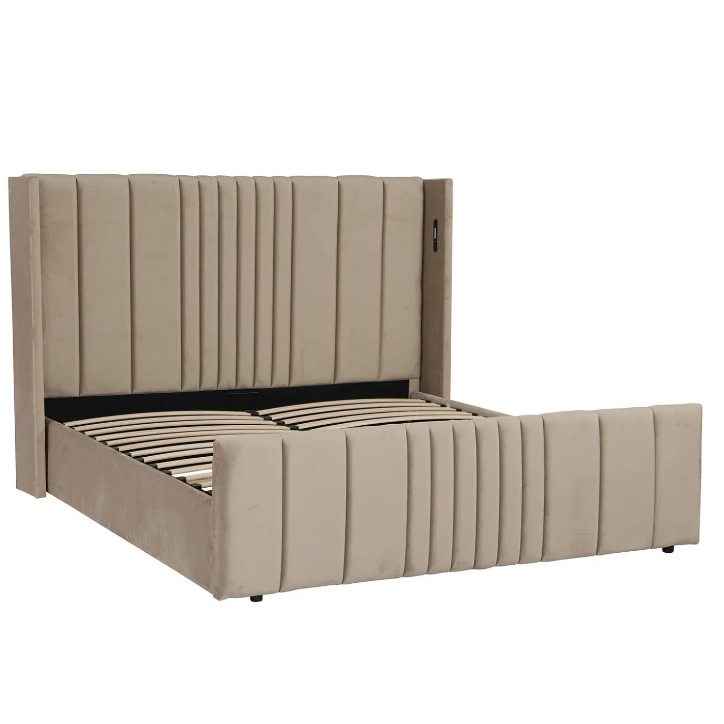 Lit complet avec sommier relevable prises USB et lumières intégrées Line 180x200cm Velours Taupe