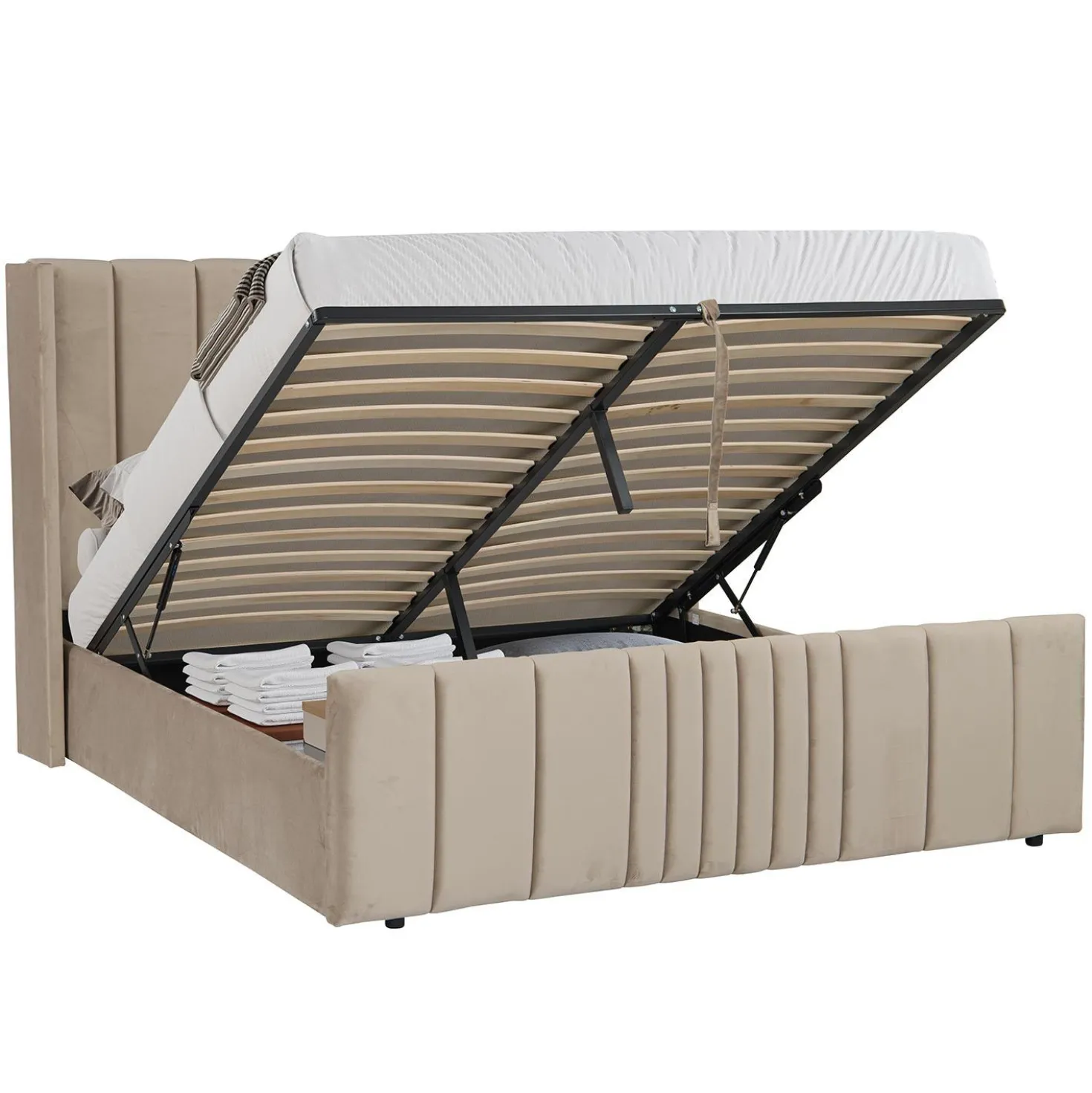 Lit complet avec sommier relevable prises USB et lumières intégrées Line 180x200cm Velours Taupe