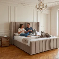 Lit complet avec sommier relevable prises USB et lumières intégrées Line 180x200cm Velours Taupe