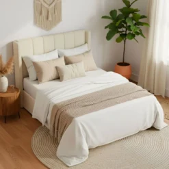 Lit double Magorial avec sommier relevable 140x190cm Tissu bouclette Crème