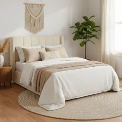 Lit double Magorial avec sommier relevable 140x190cm Tissu bouclette Crème
