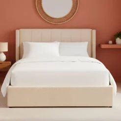 Lit double Magorial avec sommier relevable 160x200cm Tissu Bouclette Crème