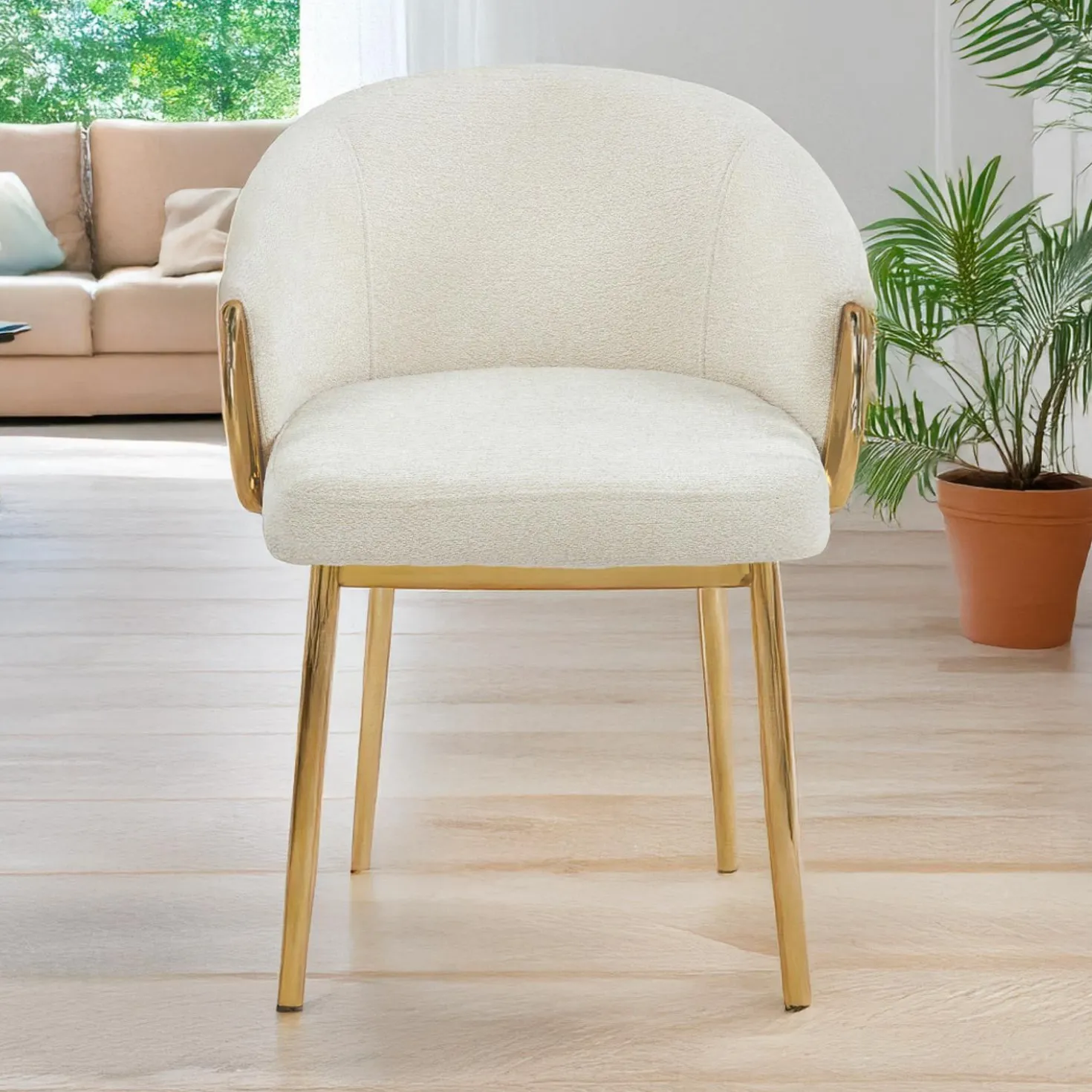 Lot de 2 chaises arrondies et matelassées Patricia Métal doré et Tissu Beige