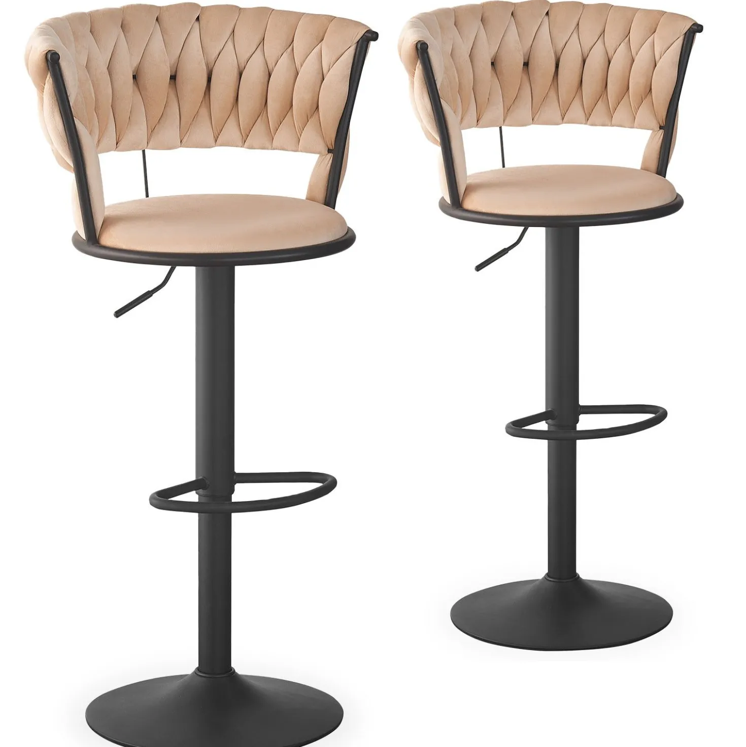 Lot de 2 chaises de bar dossier arrondi style maillage Xenox Velours Beige et Métal Noir