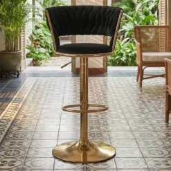 Lot de 2 chaises de bar dossier arrondi style maillage Xenox Velours Noir et Métal Or