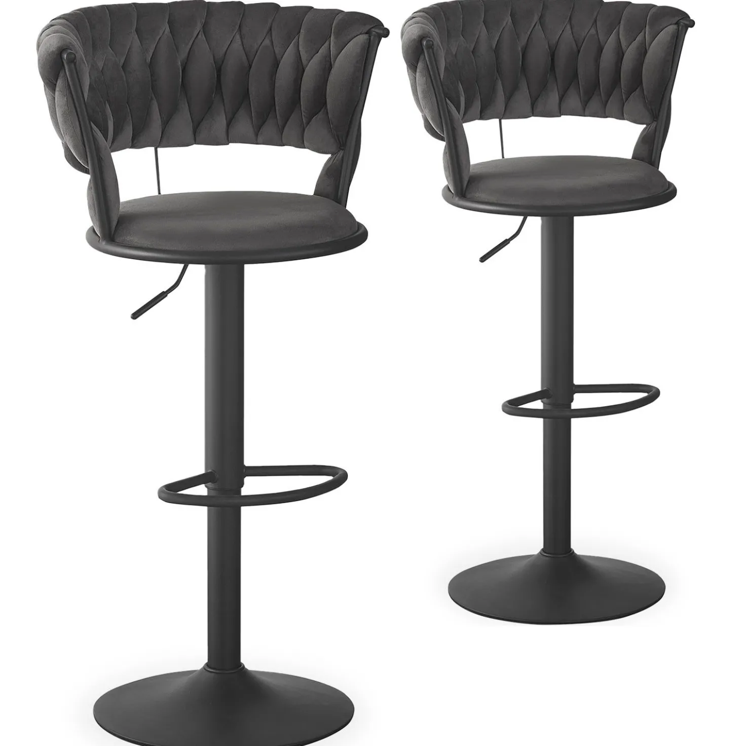 Lot de 2 chaises de bar dossier arrondi style maillage Xenox Velours Gris et Métal Noir