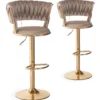 Lot de 2 chaises de bar dossier arrondi style maillage Xenox Velours Taupe et Métal Or