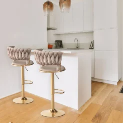 Lot de 2 chaises de bar dossier arrondi style maillage Xenox Velours Taupe et Métal Or