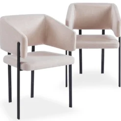 Lot de 2 chaises design et matelassées Isaure Métal Noir et Tissu Beige