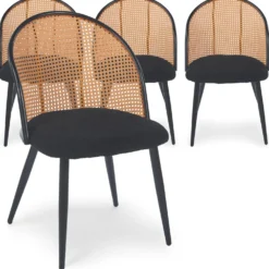 Lot de 4 chaises design Showan avec cannage Rotin et Tissu bouclette Noir