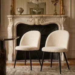 Lot de 4 chaises Maury Métal noir et Tissu bouclette Crème