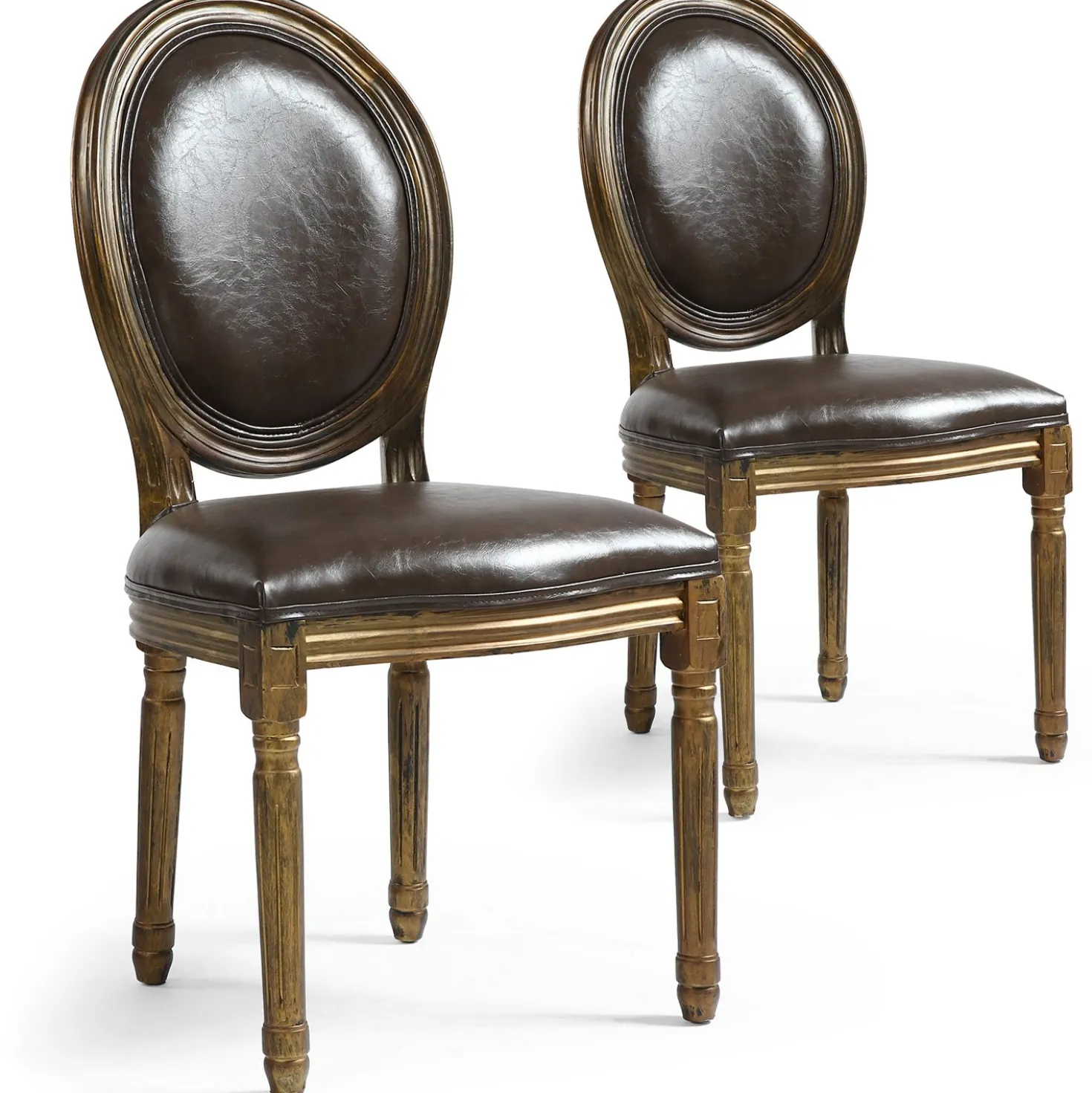 Lot de 2 chaises médaillon Louis XVI Bois massif patiné Or et Simili (P.U) Marron