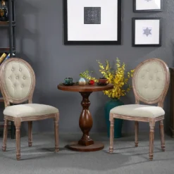 Lot de 2 chaises médaillon Louis XVI Bois massif patiné et Tissu capitonné Beige