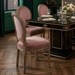 Lot de 2 chaises médaillon Louis XVI Bois massif patiné et Velours Rose poudré