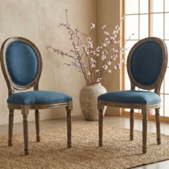 Lot de 2 chaises médaillon Louis XVI Bois massif patiné et Tissu Bleu