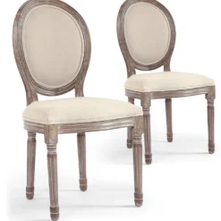 Lot de 2 chaises médaillon style Louis XVI Bois massif patiné et Tissu Beige