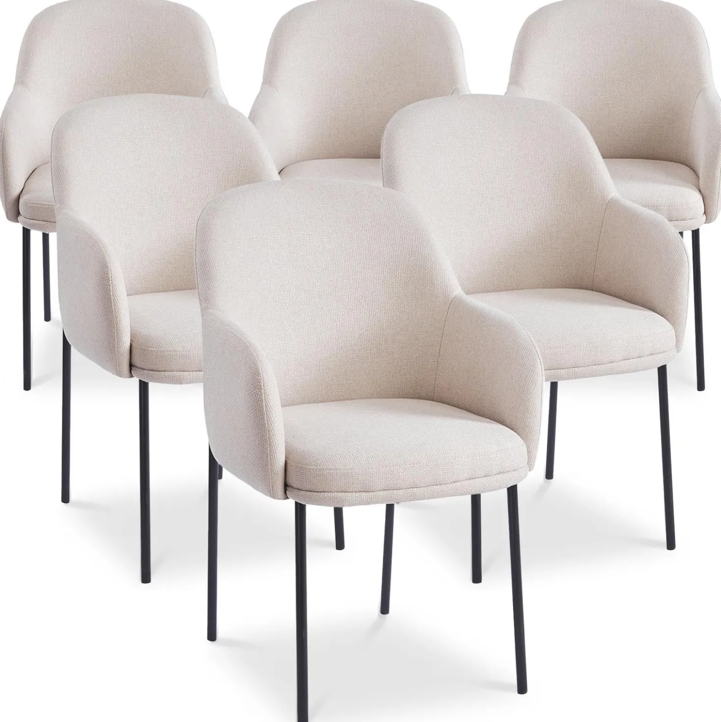 Lot de 6 chaises modernes matelassées Inaya Métal Noir et Tissu Beige