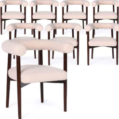 Lot de 8 chaises style scandinave chic Bringo Bois foncé et Tissu bouclette Beige