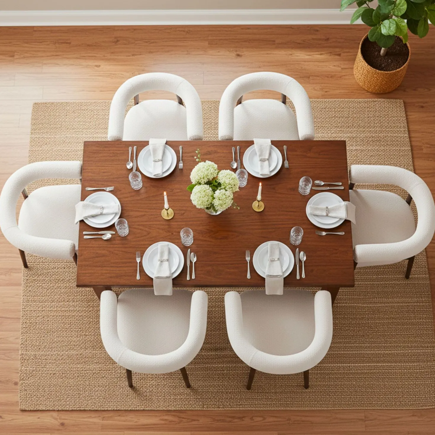 Lot de 8 chaises style scandinave chic Bringo Bois foncé et Tissu bouclette Beige