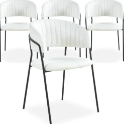 Lot de 4 chaises Tabata Métal Noir et Tissu bouclette Crème
