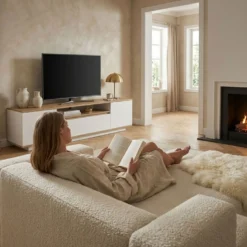 Meuble TV au design linéaire Iliade L180cm Bois clair et Blanc