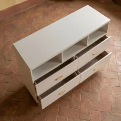 Meuble TV moderne 4 tiroirs Nestor Taupe clair et Or