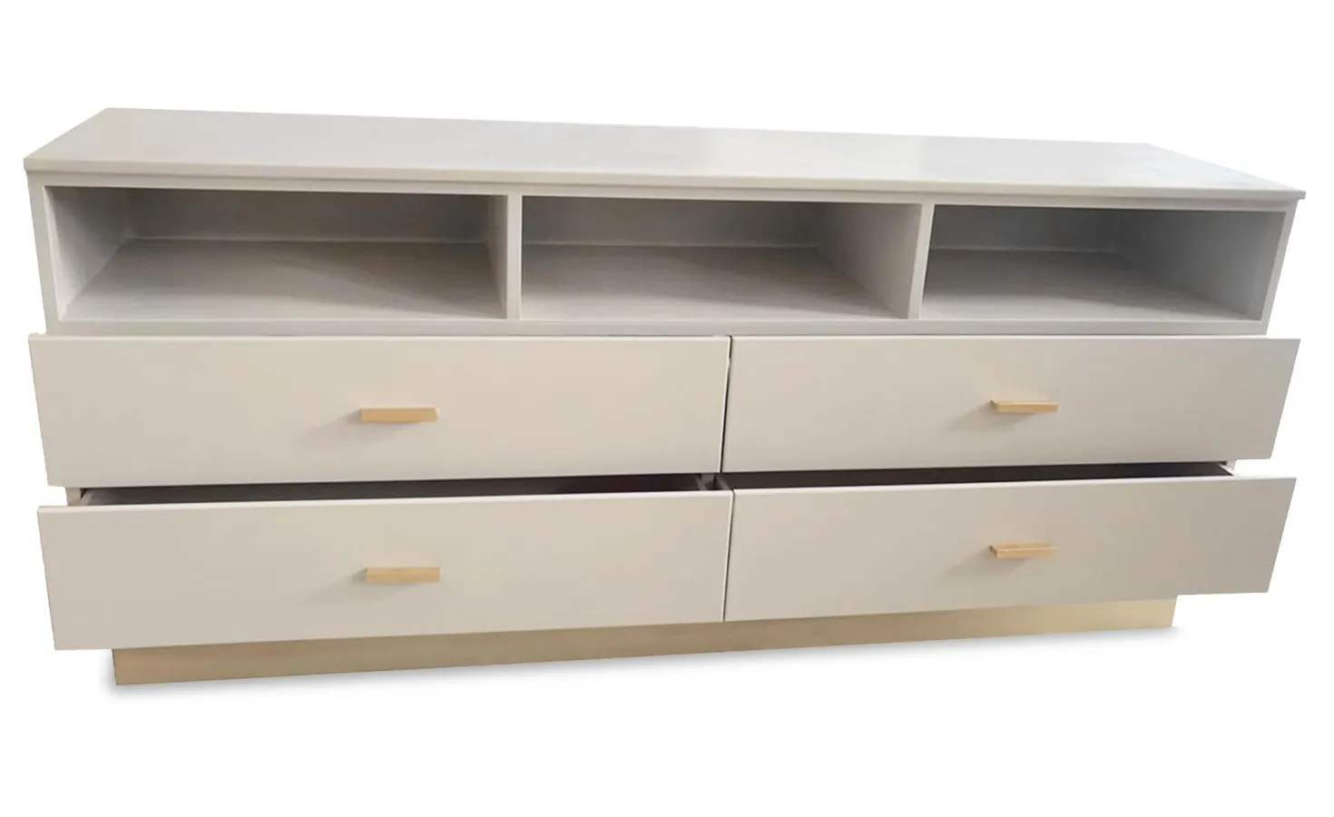 Meuble TV moderne 4 tiroirs Nestor Taupe clair et Or