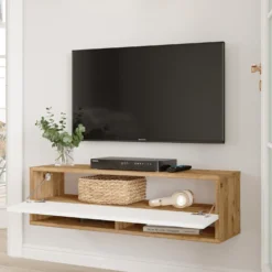 Meuble TV mural avec 1 porte basculante Pino L100cm Bois clair et Blanc