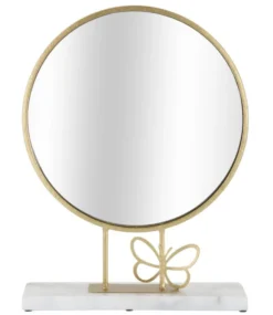 Miroir de table rond cadre métal doré base marbre blanc papillon métal
