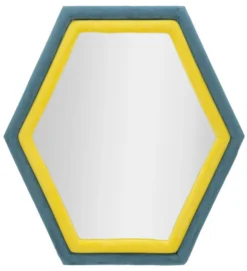 Miroir mural hexagonal cadre en bois Tissu Velours Bleu et Jaune