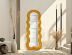 Miroir mural Moutarde cadre Bois Tissu bouclé