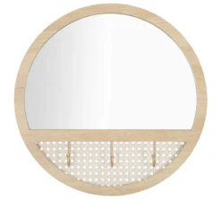 Miroir mural rond Fuji Chêne Clair avec 3 crochets en paille de Vienne