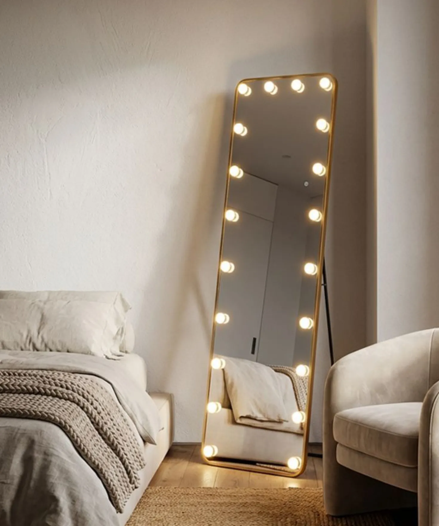 Miroir sur pied rectangulaire Hollywood avec éclairage LED