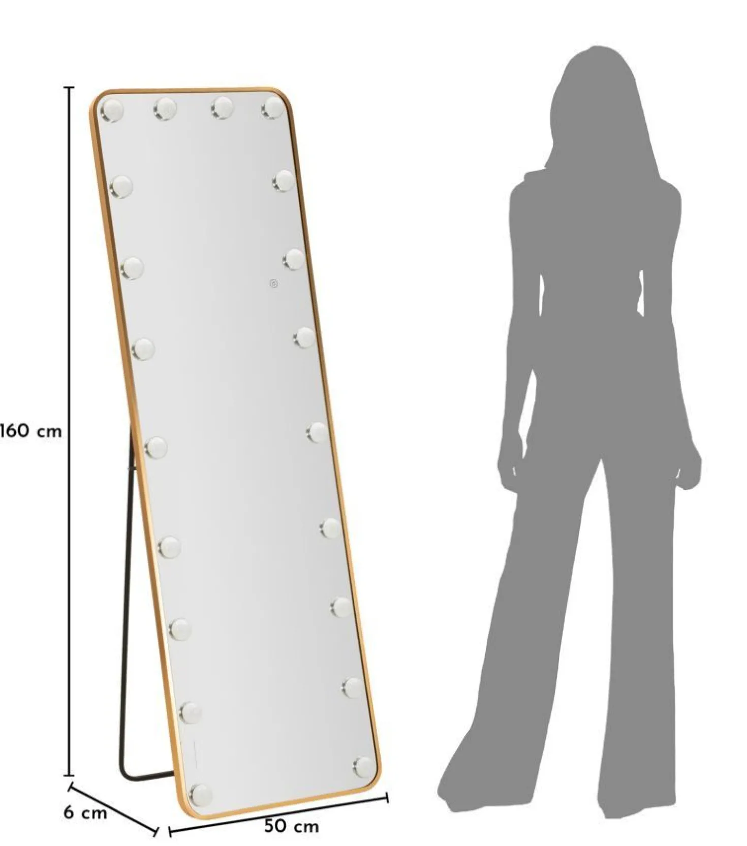 Miroir sur pied rectangulaire Hollywood avec éclairage LED